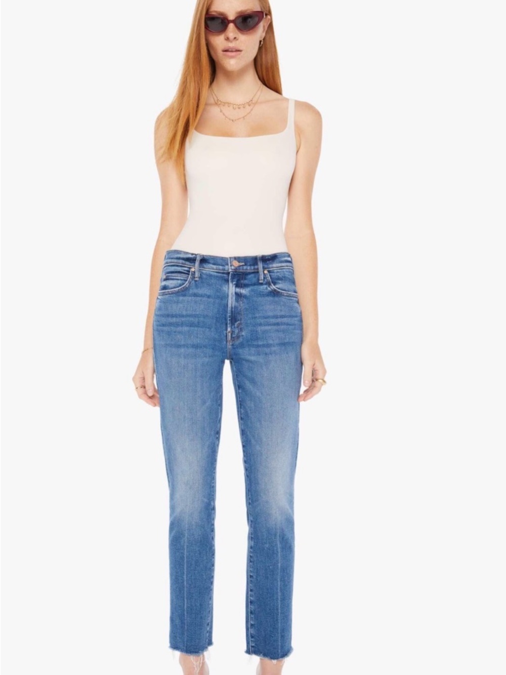 MOTHER Straight-Leg Mid Blue Jeans rascal raw hem